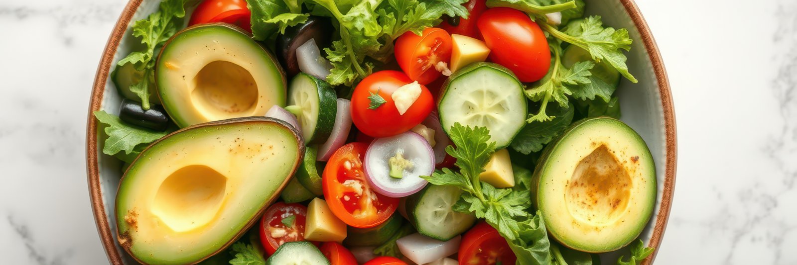 Fresh vegetable salad bowl with avocados, cherry tomatoes, cucumbers, and greens prepared for a healthy meal